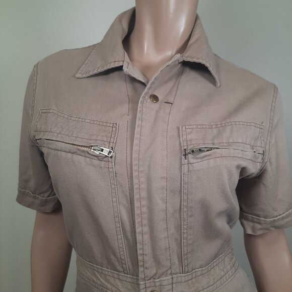 Vintage 70s Jumpsuit Flare Wide Leg Size S Utility Flight Suit Beige Full Zip - Picture 2 of 10